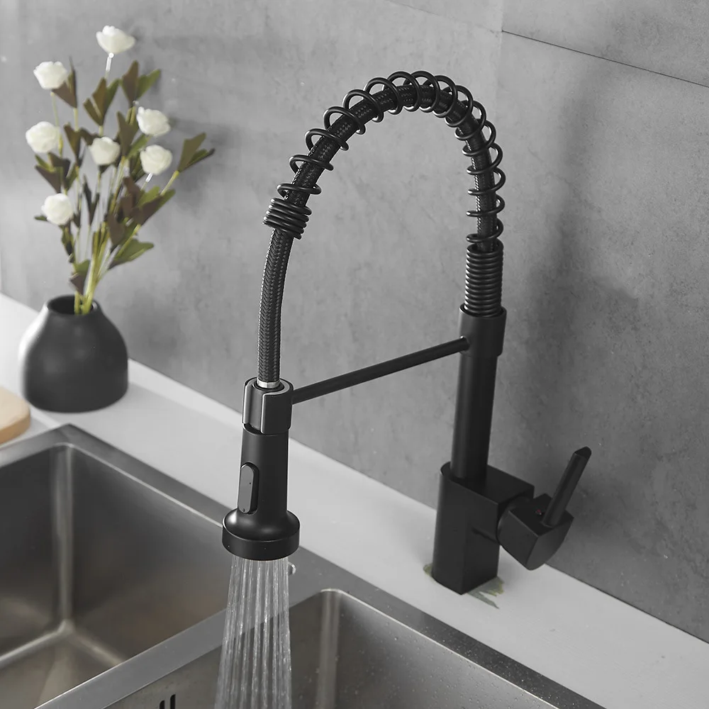 Zwart Geborsteld Lente Pull Down Kitchen Sink Kraan Warm &amp Koud Water Mixer Tap Met Dual Uitloop Deck gemonteerd