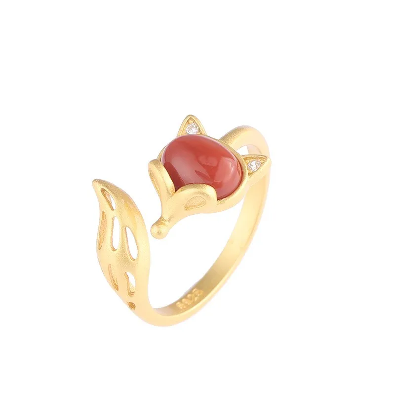 

JZ192 ZFSILVER Silver S925 Fashion Trendy Gold Hetian Jade Jasper South Red Agate Cute Fox Ring Women Girl Wedding Party Jewelry