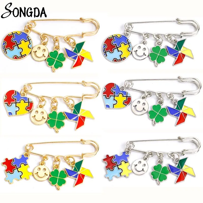 

2022 New Autism Awareness Enamel Pins Brooches Four-leaf Clover Smile Pinwheel Buckles Lapel Pin Alloy Drip Oil Women Jewelry