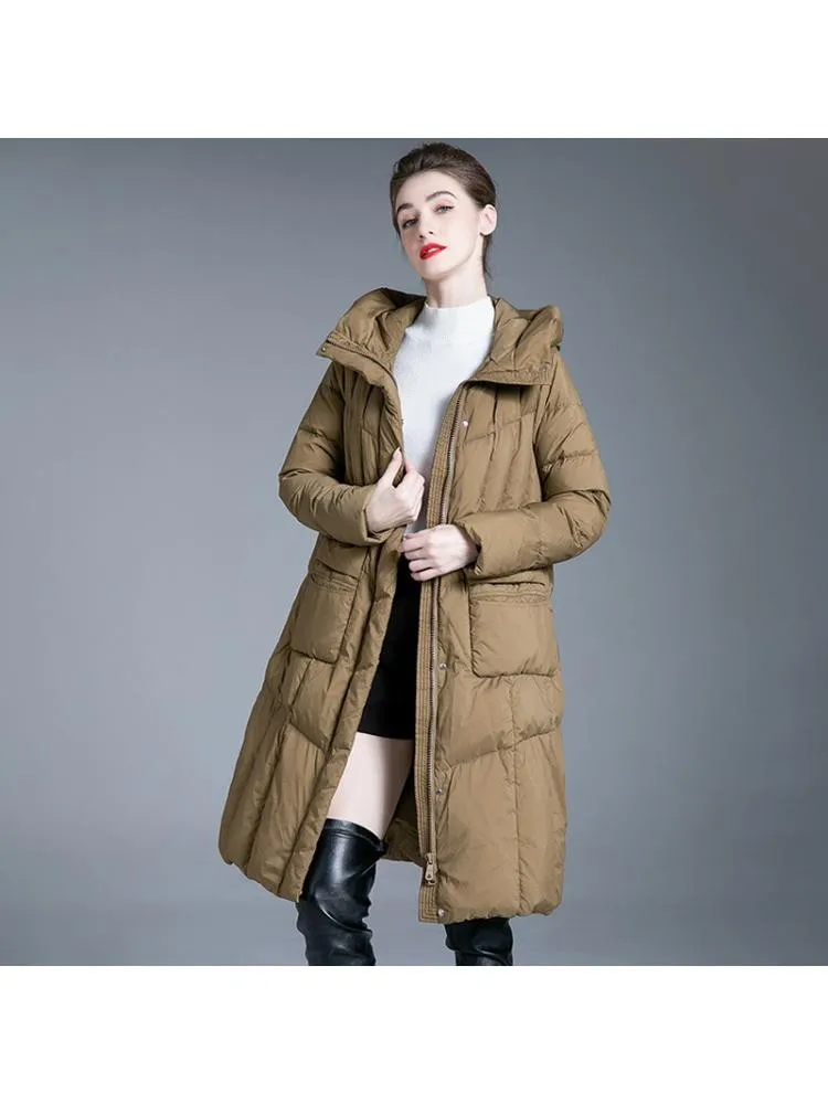 Europe Fashion Long Hooded Thicked 90 White Duck Down Coats Women's 2022 Winter New Loose Warmer Bread Cloth Jackets
