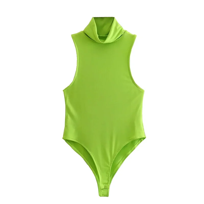 

Woman Casual Green Mock Neck Bodysuit 2022 Summer High Street Solid Elastic Bodysuits Ladies Basic Slim Sleeveless Bodysuits