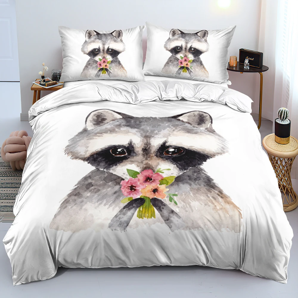 

3D Cute Raccoon Duvet Cover Set Animal Quilt Cover Queen King Single Double Sizes Close-Skin Bed Set Child Bed Linen For Bedroom