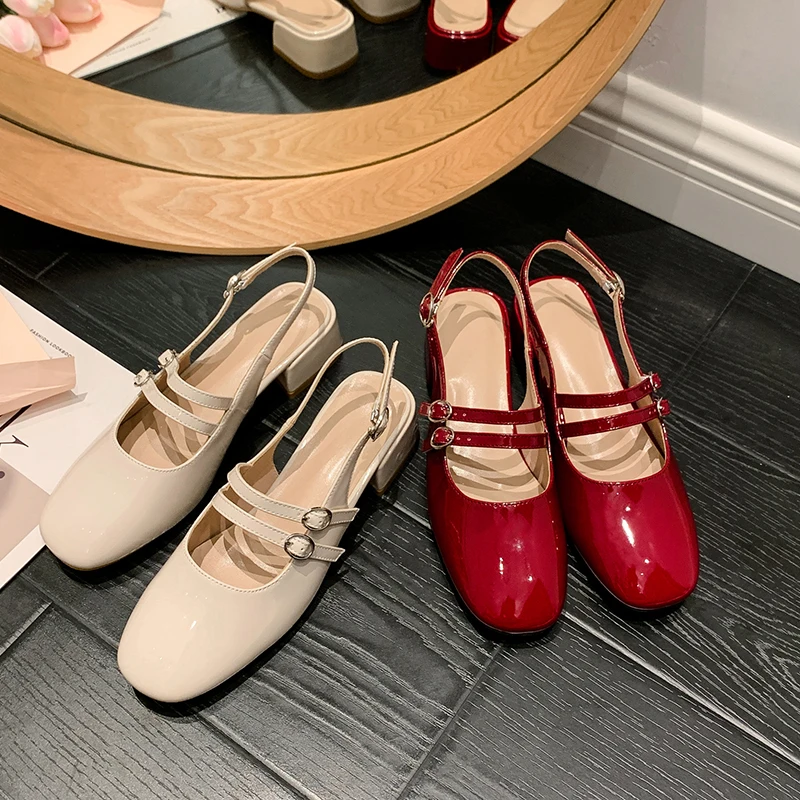 2023 Summer New Back Empty Baotou Sandals French Retro Square Toe Shallow Mouth Double Breasted Mary Jane Sandals