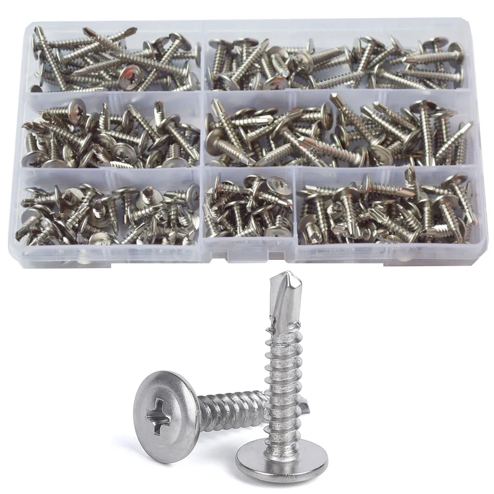 

195pcs /Set Self Drilling Screw Phillips Pan Round Thread Wafe Washer Head Self Tapping Screw Bolt 410 Stainless Steel M4.2 M4.8