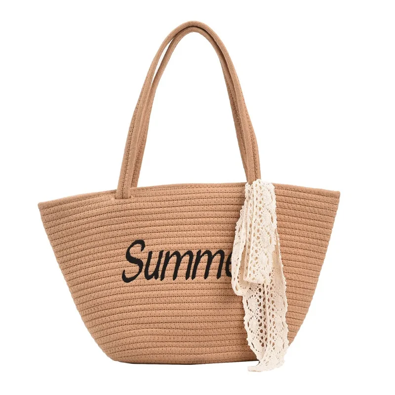 

Women Fashion Letter Woven Bag Shopper Bag Lace Decor Beach Handbags Tote Bag Large Capacity Shoulder Bags