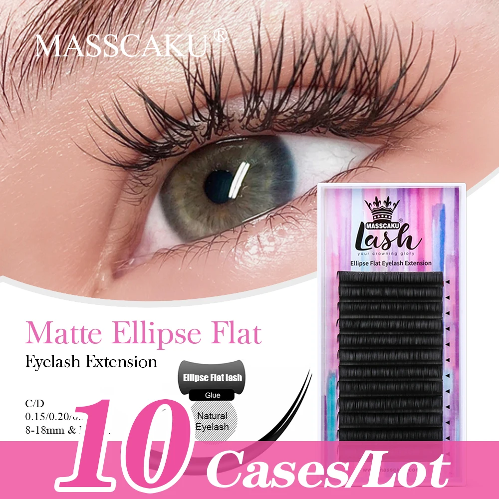 

10case/lot MASSCAKU Flat Ellipse Lashes Extension Matte Black Individual Split-tips Eyelash Faux Mink Natural Eyelashes Supplies