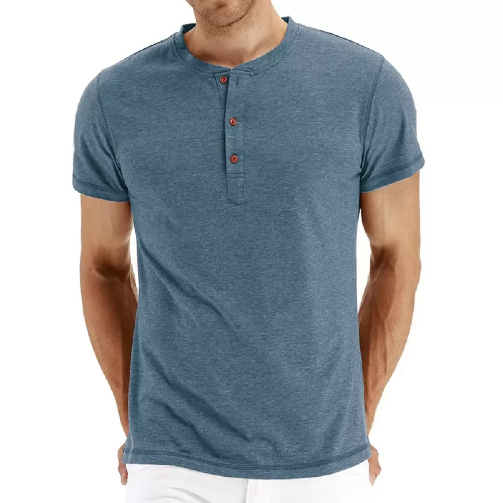 

Quality Cotton Men T-shirt Henry Neck Fashion Design Slim Fit Solid T-shirts Male Tops Tees Short Sleeve T Shirt For Men