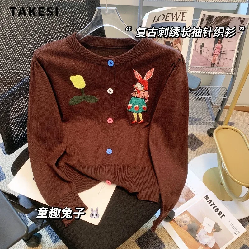 

Женский вязаный однобортный Кардиган, винтажный однобортный свободный свитер с круглым вырезом и длинными рукавами, с вышивкой, Осень-зима 2023