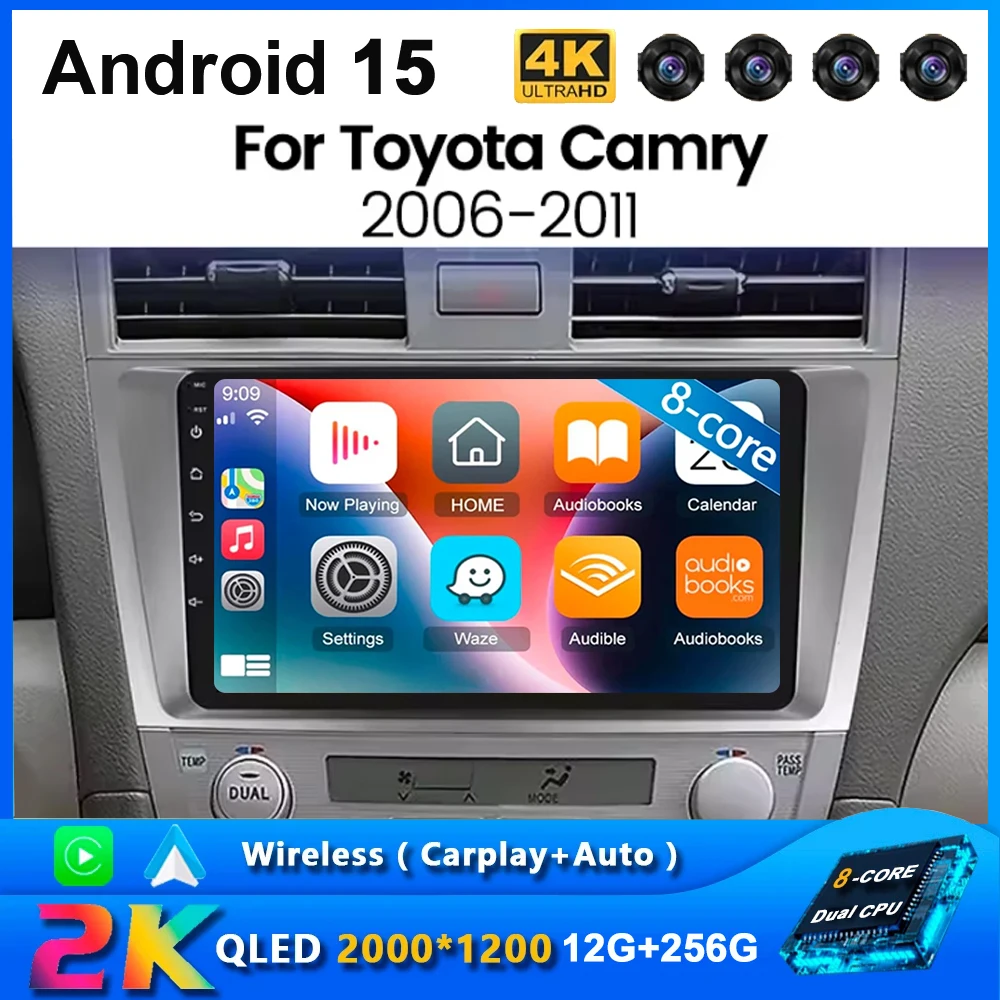 Фото Автомагнитола Android 15 с CarPlay для Toyota Camry 7 XV 40 50 2006-2011, навигация, видео, DVD, автомагнитола 2DIN, 4G+BT №1