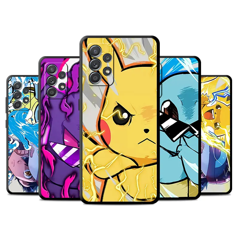 

Phone Black Case for Samsung A52 A32 A12 A51 A21s A71 A50 A72 A22 A31 A13 A53 A41 A11 A03 Funda Cover Lightning Pikachu Squirtle