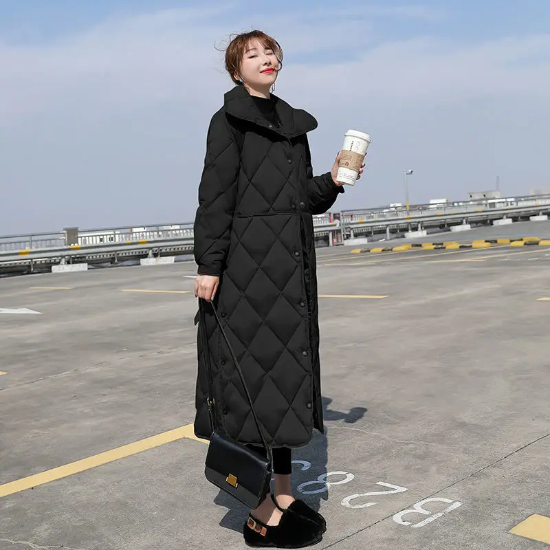 Fashion Autumn and Winter 2022 New Long Section Plaid Casual Thick Down Jacket Women's Long-sleeved Jacket Lapel Single-breasted