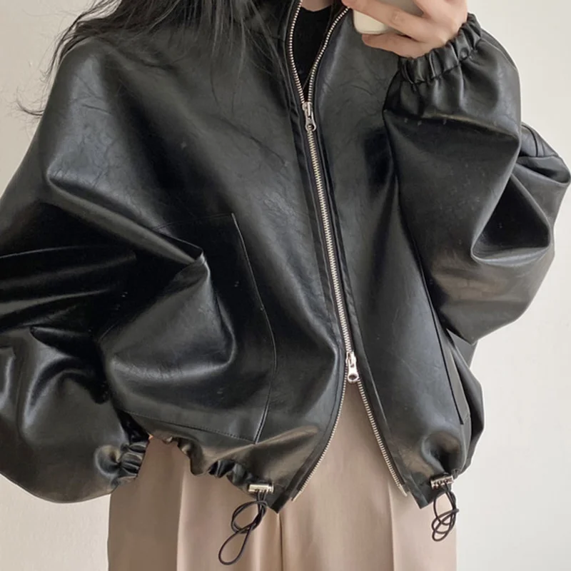 ZURICHOUSE PU Leather Jacket Women Fashion Loose Fit Hem Drawstring Design Two-way Zipper Stand Collar Locomotive Jackets enlarge