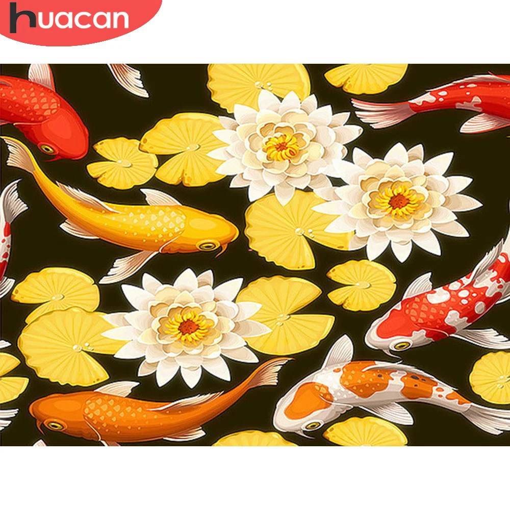 

HUACAN 5D Diamond Painting Koi Animgl DIY Full Diamond Embroidery Lotus Rhinestones Of Mosaic Creative Hobbies