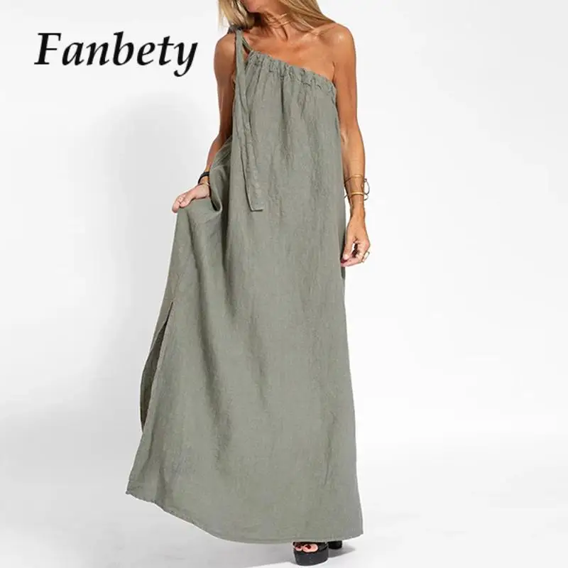 

Платье-Макси женское на одно плечо, винтажное простое длинное повседневное из хлопка и льна, на завязках, однотонное Свободное платье с Боковым Разрезом