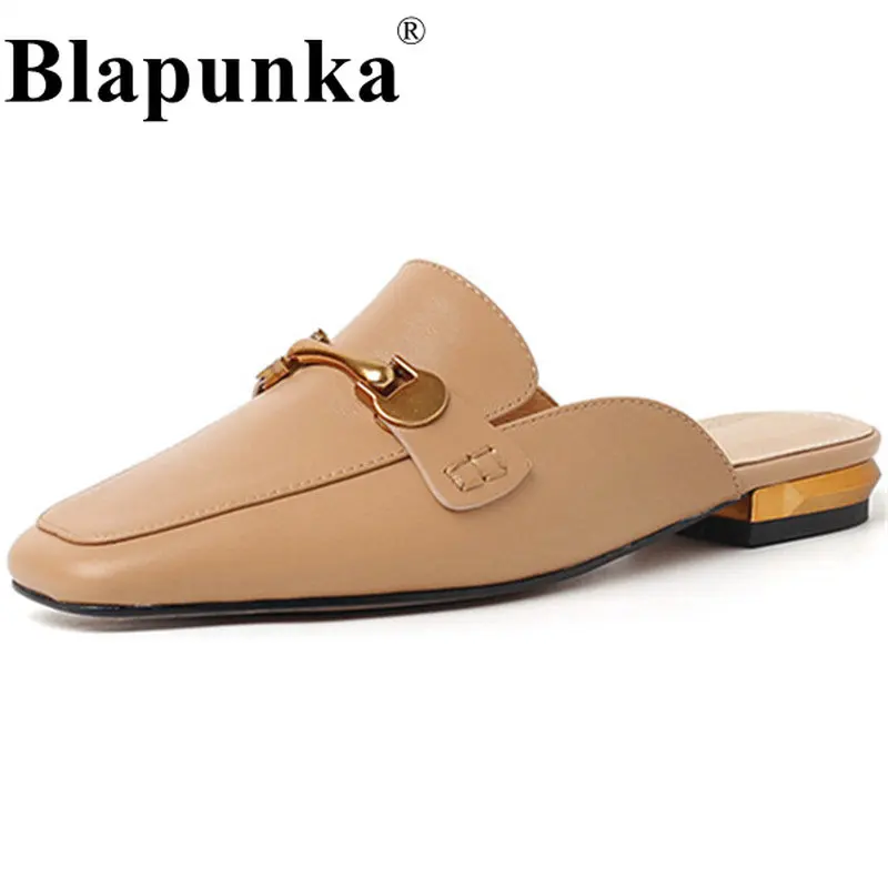 

Blapunka Women Real Genuine Leather Mules Low Heels Gold Metal Chain Slip-on Shoes Woman Casual Slides Summer Sandals Shoes Nude