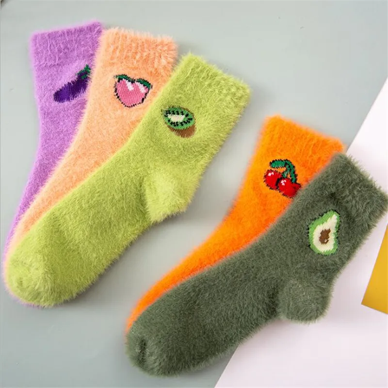 5 Pairs Women Fruit Fluffy Socks Thermal Fuzzy Socks Female Ladies Fashion Warm Avocado Cherry Eggplant Floor Sleep Sock