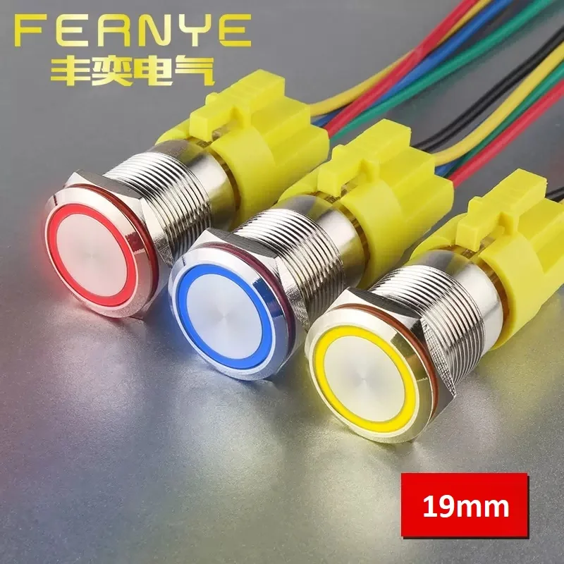 

19mm Metal Push Button Switch Waterproof LED Light Self locking/Momentary Flat Head Ring Symbol Switch with Connector