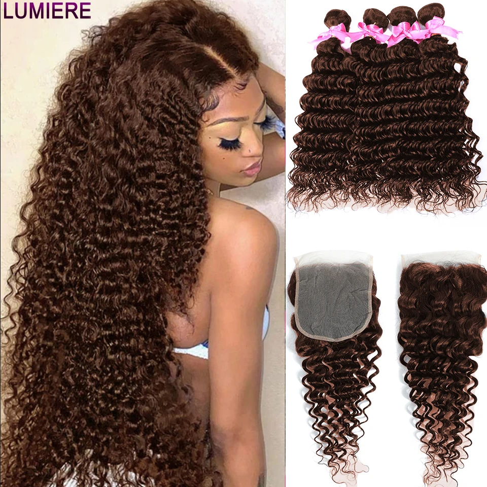 

Lumiere 10"-28" 100% Remy #4 Deep Wave Machine Double Weft Human Hair Bundles With 4X4 Lace Closure And 13X4 Lace Frontal