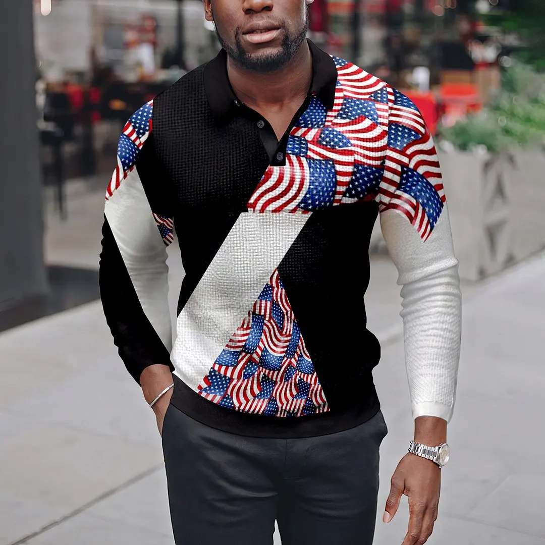 

Men Long Sleeves Polo Shirt 2022 Spring Autumn Patchwork Stripes Gentleman Design Lapel Button Pullover Fashion Casual Top S-6XL