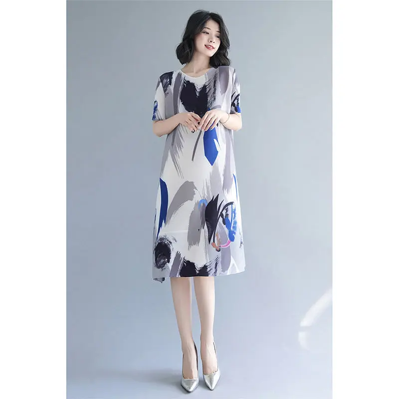 

2023 Midi Women Elegant Pleated High Waist O-Neck Printing A Line Dress Summer Short Sleeve Loose Casual Slim Thin Dresses E17