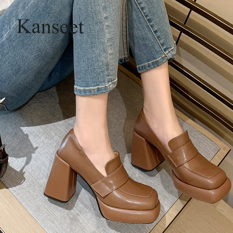 

Туфли Kanseet женские из натуральной кожи, элегантные лоферы на платформе, квадратный носок, высокий каблук, серебристая обувь, осень 2023