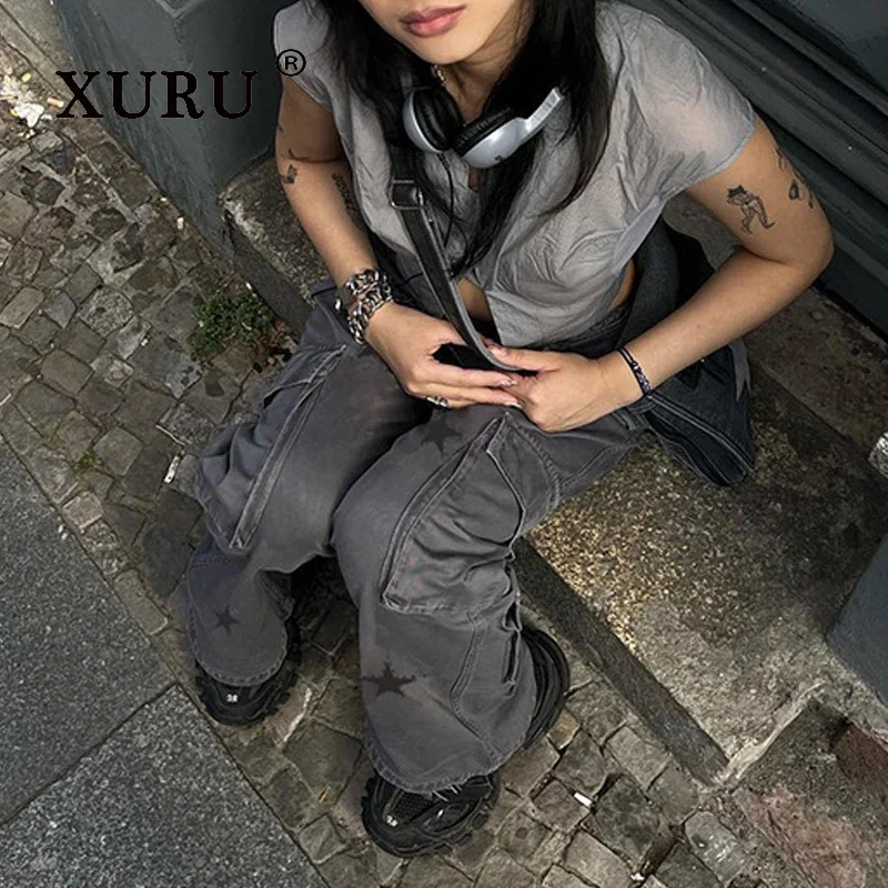 Джинсы xру с низкой посадкой для женщин в стиле ретро принтом звезд большими