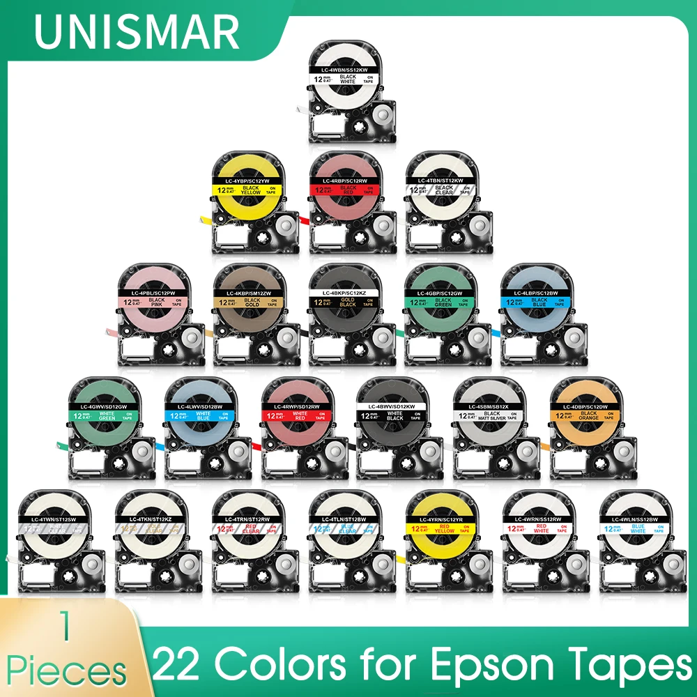 

12mm SS12KW Tapes Compatible for Espon Label ST12KW SC12RW SC12YW SC12BW SC12GW for EPSON LW-300 LW-400 LW-600P LW-700 Printer
