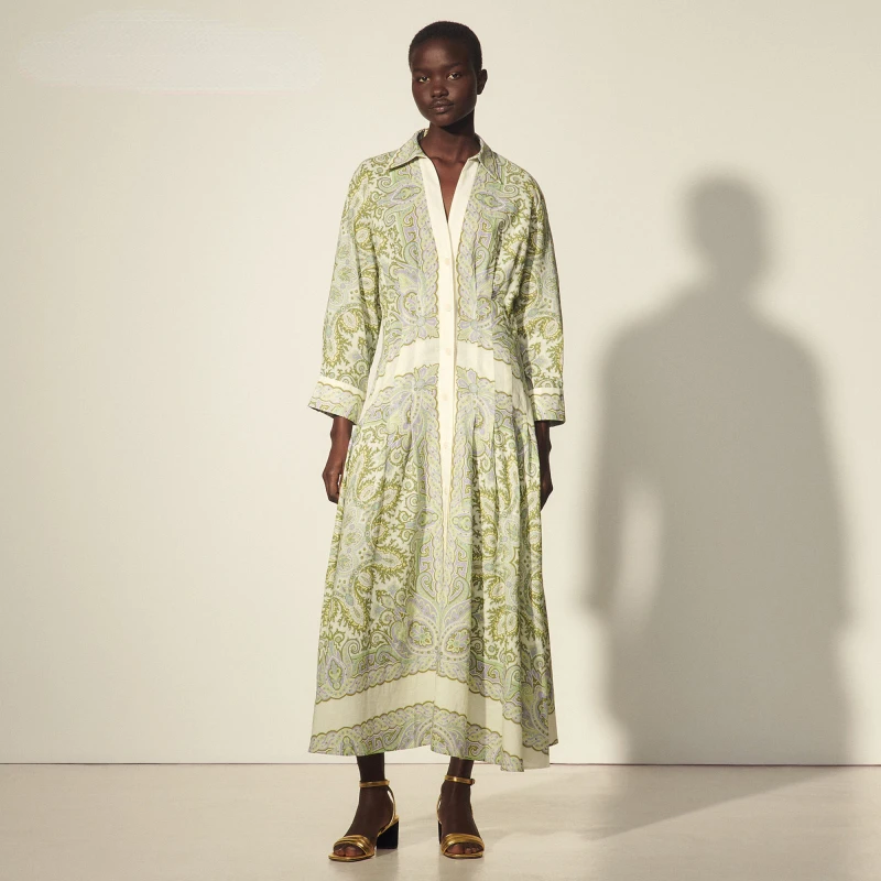 

Printed Pleated V-neck Long-sleeved Dress 2022 Summer New Loose and Soft Cotton and Linen Women's Skirt