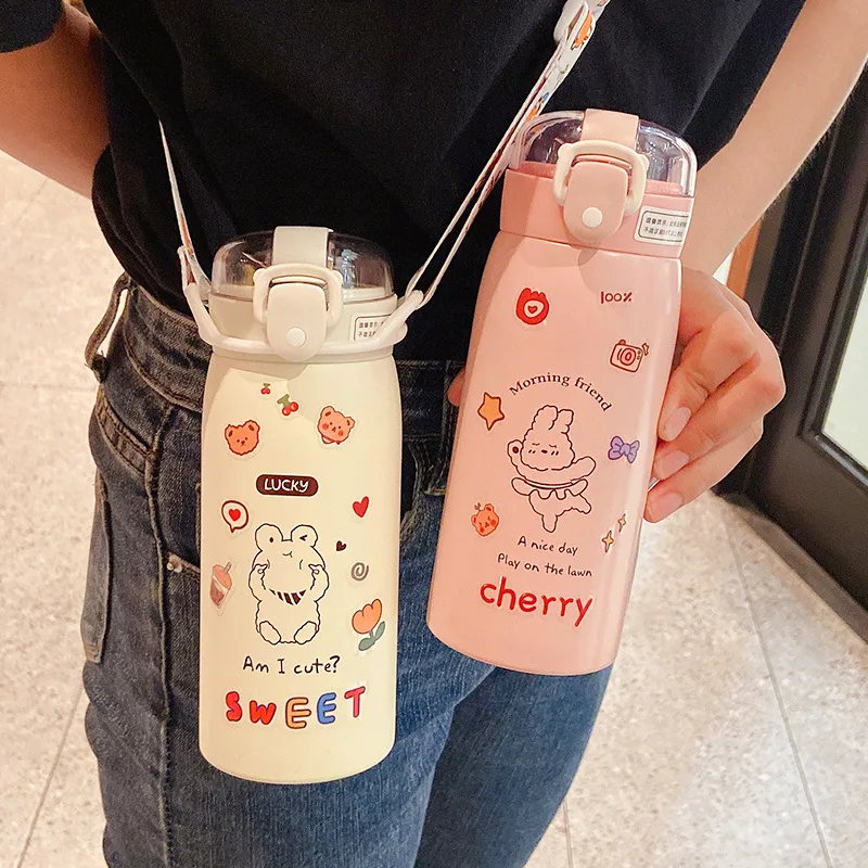 

Portable Kawaii Thermos Bottle with Straw and Stickers Kid Stainless Steel Thermal Mug 350ml/500ml Cute Water Bottle Thermos Cup