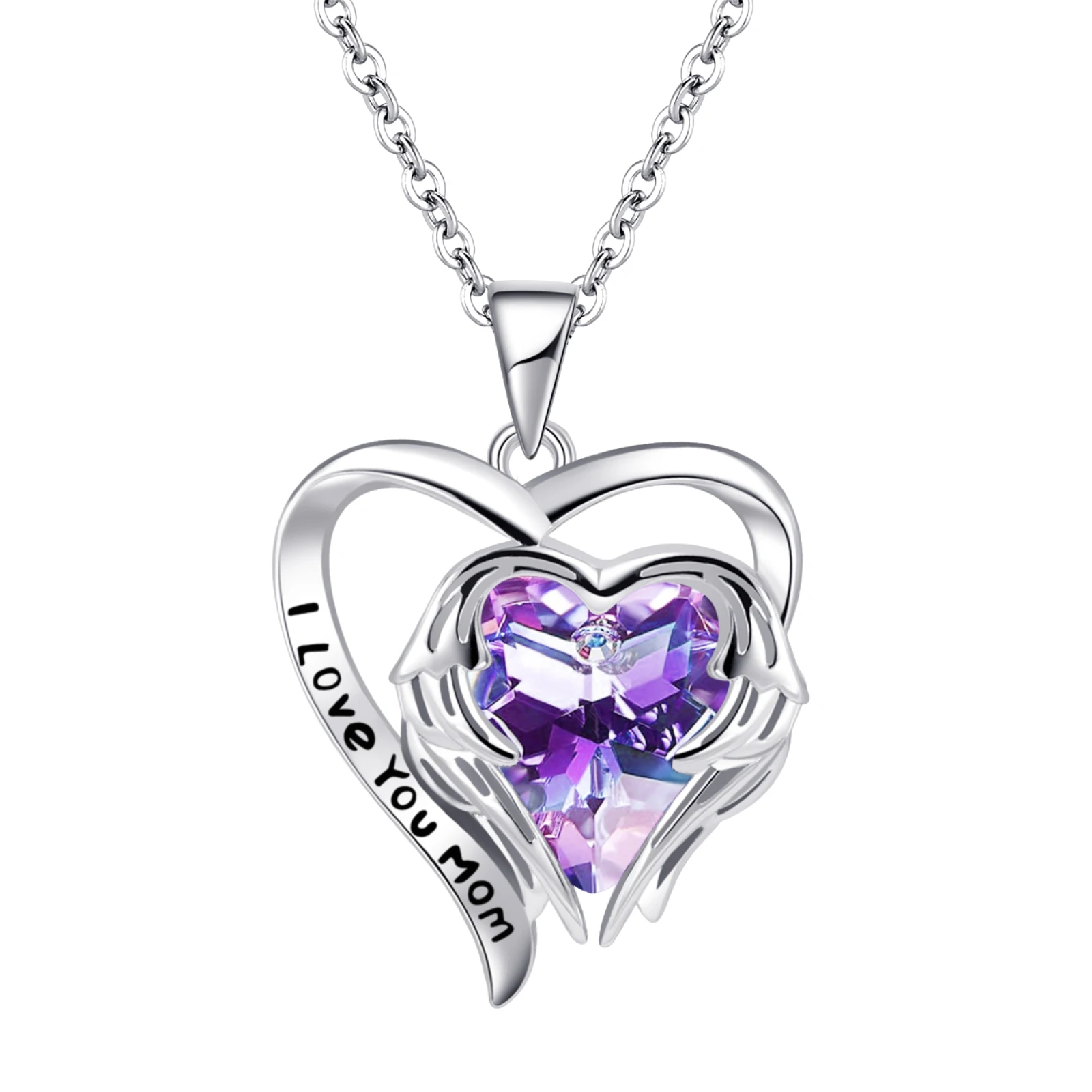 

Erizteya I Love You Mom Necklace Heart Wings 925 Silver Jewelry Mother Day Birthday Necklace Women Jewelry Gift Purple Zircon