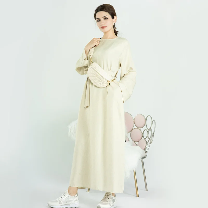 Islam Abaya Dress Solid Color Crewneck Long Sleeves Abayas for Women Loose Casual Robe Femme Musulmane