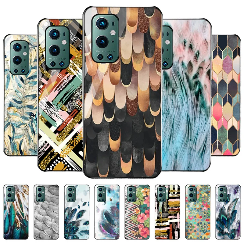 

Tempered Glass Case For Oneplus 9R 9 8 7 Pro 7T 8T Nord 2 5G Case Flower Feather Funda One Plus Nord 2 9 R 8 7 T Pro 1+9R Cover