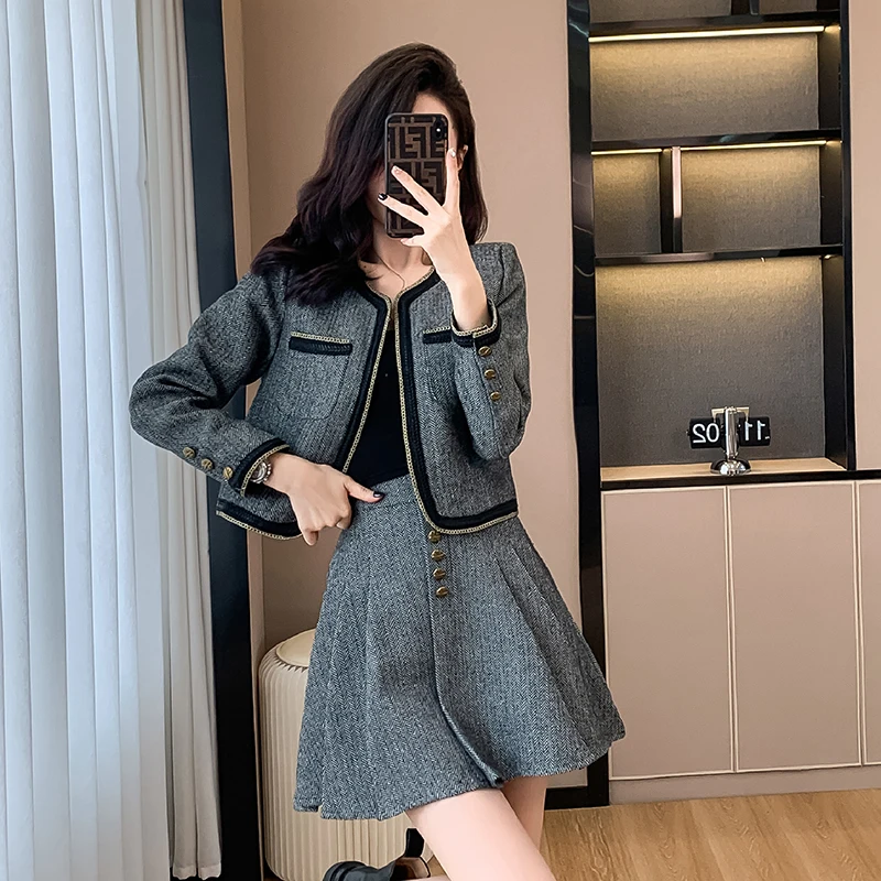 

Женский комплект из двух предметов, куртка с длинным рукавом и плиссированная юбка, Осень-зима