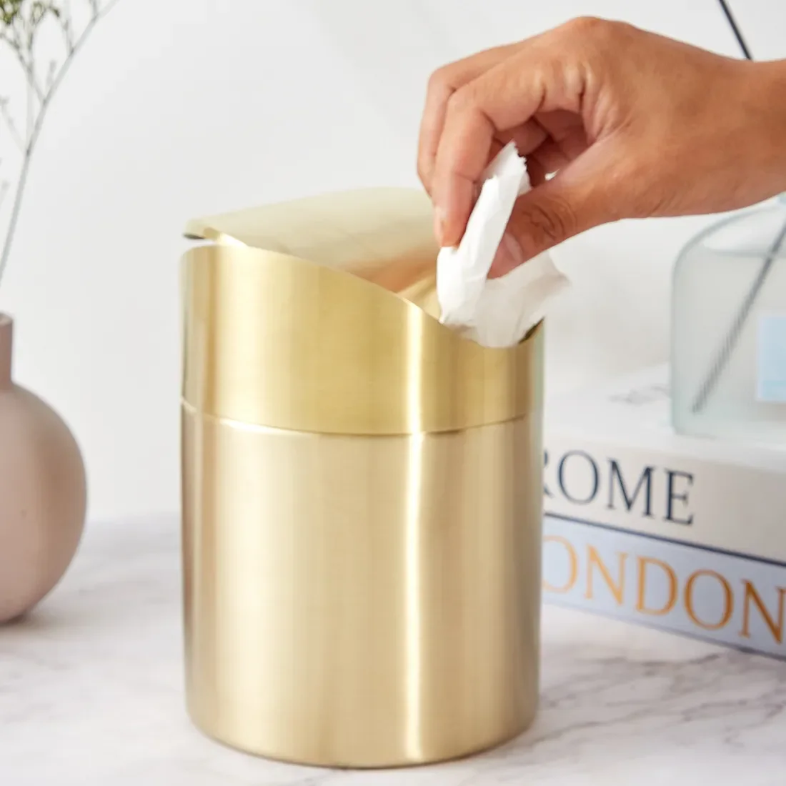 

Car-mounted Mini Dressing Bucket Stainless Golden Desktop Steel Garbage Office Storage Can Waste Table Paper Trash Bin Basket