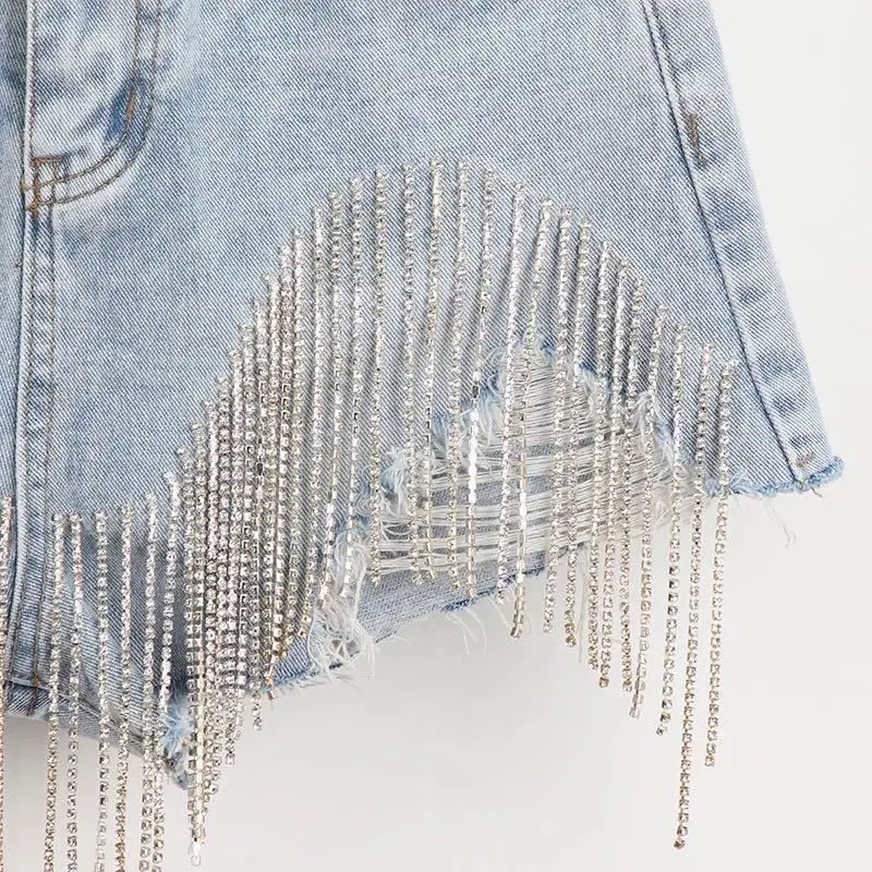 2023 Summer Ripped Jeans Short Femme High Waist Diamond Tassel Y2k Casual Bottoms For Ladies Denim Shorts Women Clothing Fashion