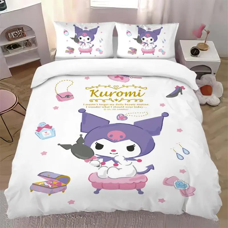 

Постельное белье Sanrioed из чистого хлопка, наволочка с рисунком Kuromi Melody, мультяшная простыня, набор из 4 предметов, аниме, домашний текстиль, подарок для девушек