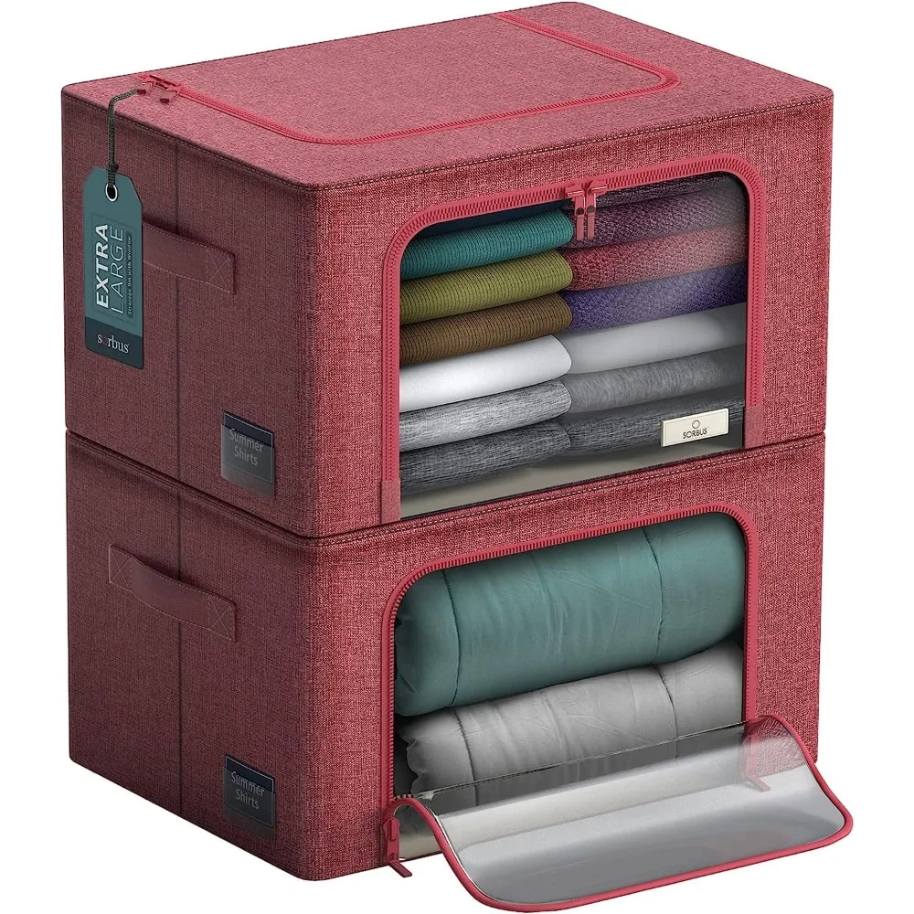 

Organizer Boxes Linen Foldable Clothes Organizer - Metal Frame Clear Window Free Shipping Carry Handles - Ideal for Bedding Home