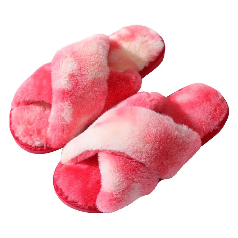 Autumn and Winter New Fashion Colorful Plush Slippers Women's Home Fluffy Warm Flat Open Toe Crossed Plush Cotton Slippers Women