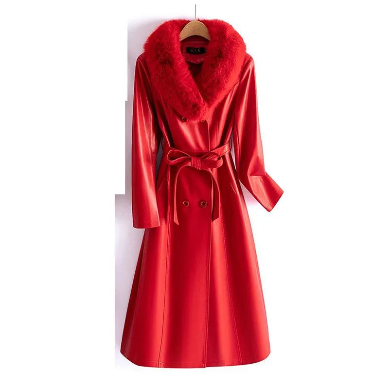 Женское толстое женское кожаное пальто средней длины из натуральной кожи