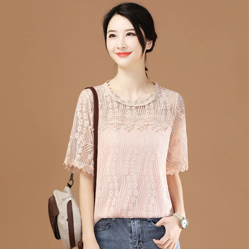 

Cropped Shirts Women Short Sleeve O-Neck Casual Lace Hollow Out Elegant Fashion Retro All-match Slim Summer Chic Top Ulzzang Ins