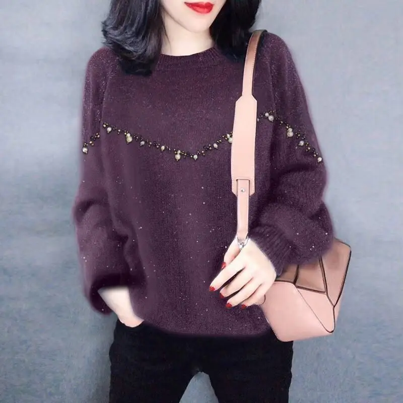 Пуловер женский трикотажный с круглым вырезом и длинным рукавом