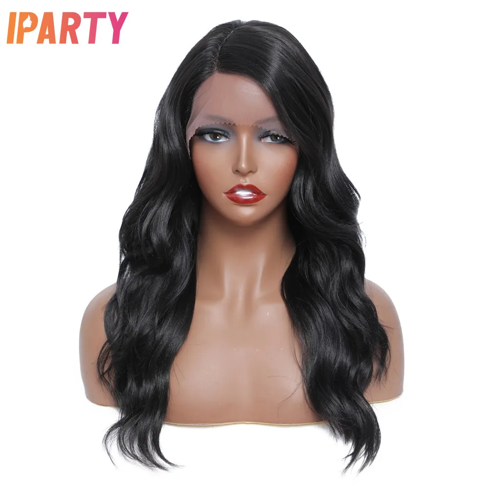 

Iparty 20 Inches Synthetic Lace Front Wigs Black Color Side Part Wavy Wig Heat Resistant Fibers Multi Color Optional Daily