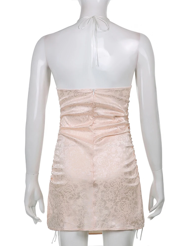 Женское жаккардовое мини-платье на бретельках с V-образным вырезом и открытой