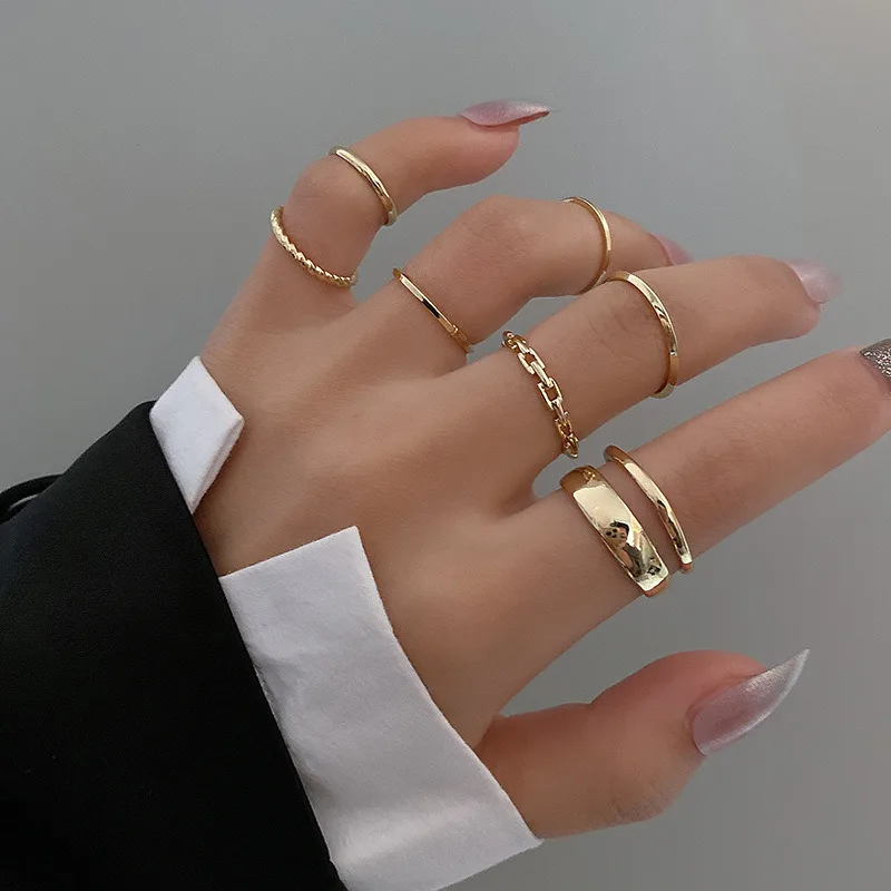 

Fashion Jewelry 7pcs Women's Rings Set Hot Selling Metal Hollow Round Opening Women Finger Ring for Girl Lady Party Wedding Gift