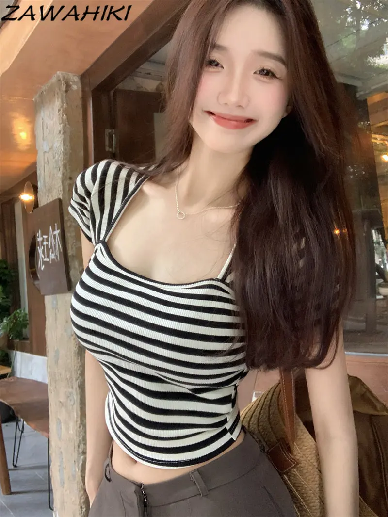 

Summer Stripe Contrast Color Short Sleeve Slim Chic Design Crop Top Square Collar Off Shoulder Summer Y2K Aesthetic T Shirt