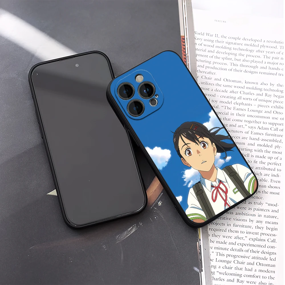 Anime S-Suzume Phone Case for iPhone 12 11 13 14 15 16 Max Pro Plus Black Soft Silicone Cover