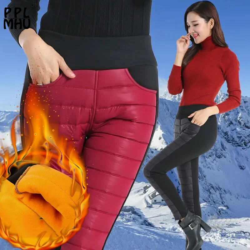 

Snow Wear Warm Pants Women Patchwork Add Velvet Leggings Elastic High Waist Casual Pencil Trousers Slim Thicken Mom Pantalones