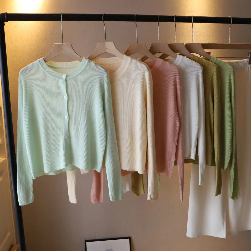 

Spring Summer Knitted Cardigan Women O-Neck Solid Color Single-Breasted Jacket Korea Female Casual Simple Fashion Short Tops