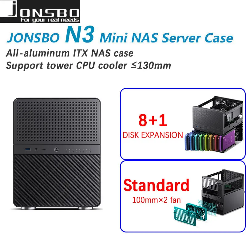 JONSBO N3 Mini NAS чехол ITX 8 + 1 мини-диск, алюминиевый с стальной пластиной, Стандартный кулер для ЦП 130 мм, два вентилятора 100 × 25 мм