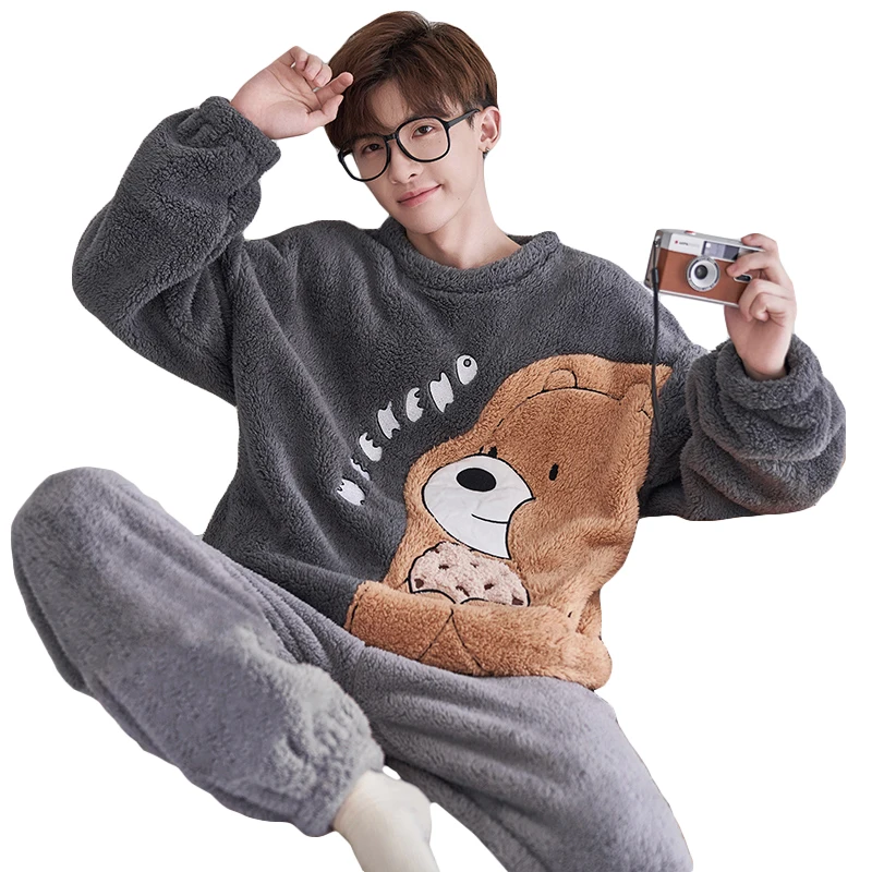 FUNISHI Coral Fleece Pajama Set Men Sleepwear Winter Pajamas Plus Size 4XL Flannel Loose Version Inspissate Pullover Nightgown